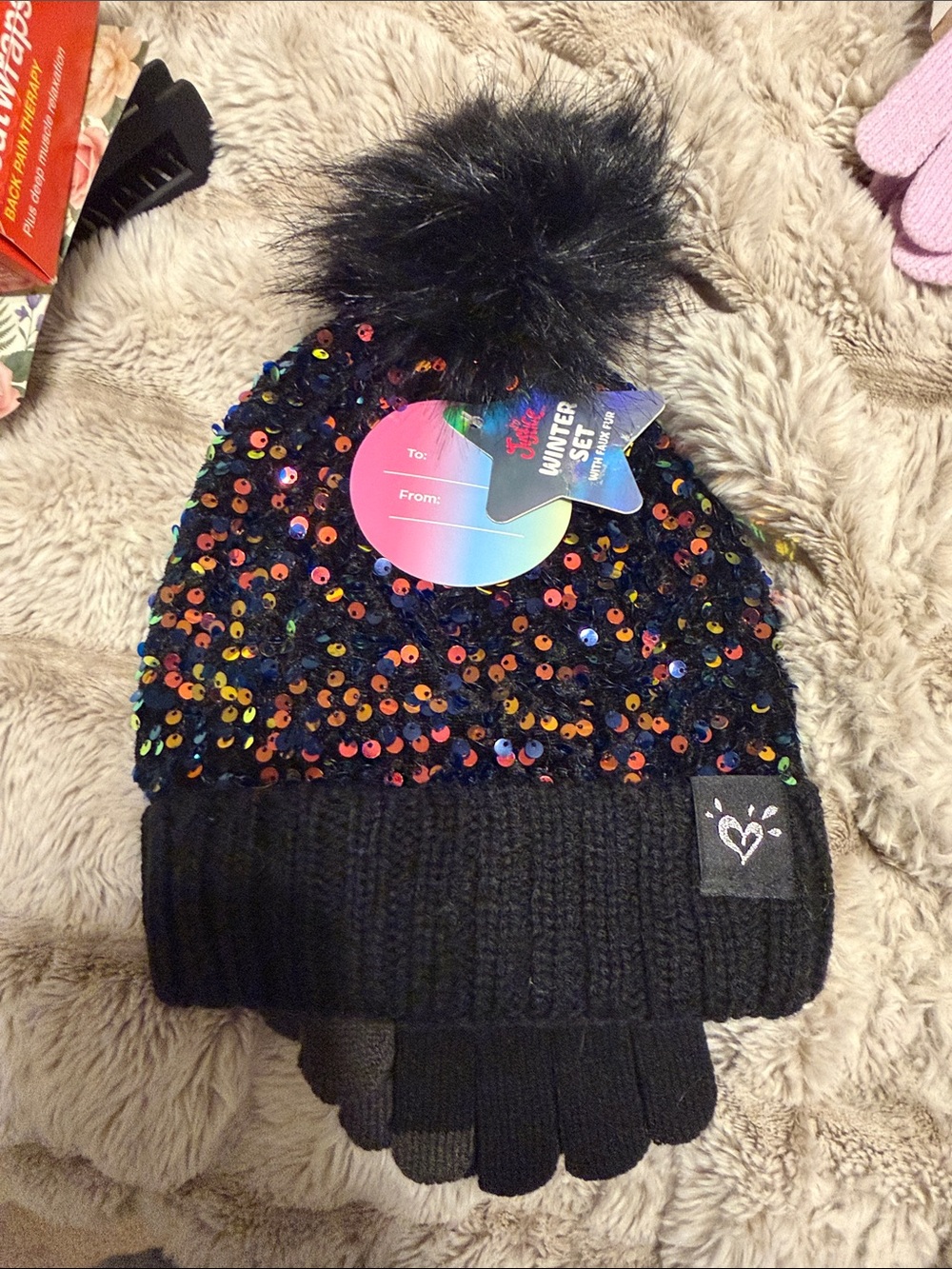 Justice Kids Black Sequin Pom Beanie with Heart Patch